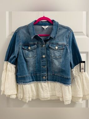 CROWN & IVY Denim Jacket with Eyelet Ruffle